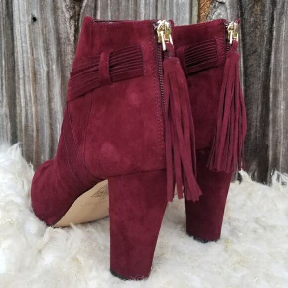 Red Boots WHBM Blayde Size 7 Strappy Ankle Bootie Heel Tassel Zip Suede Leather - Picture 5 of 13